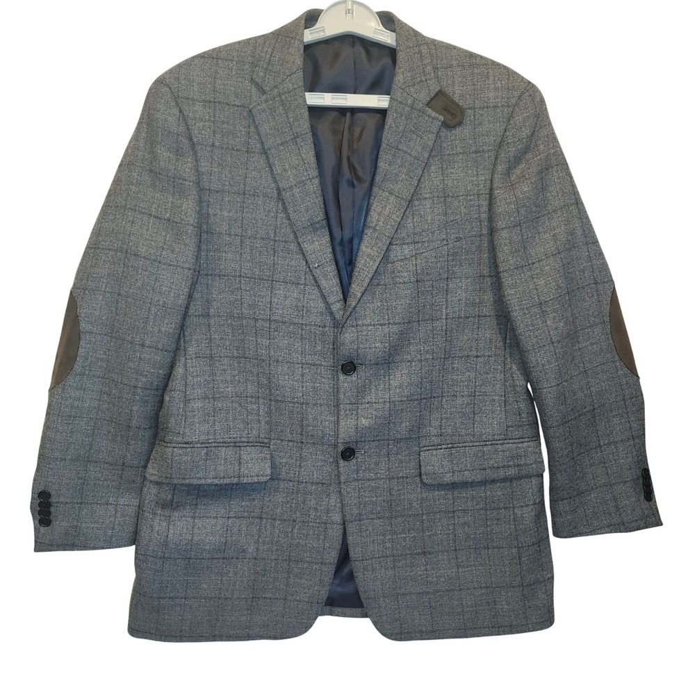 Tommy Hilfiger Mens‎ 40R Grey Windowpane Plaid 100% Wool Blazer Elbow Patches